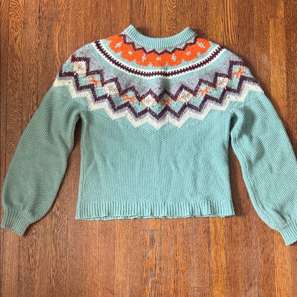 J. Crew Fair Isle Lambswool Blend Sweater Aqua Blue & Orange in XL